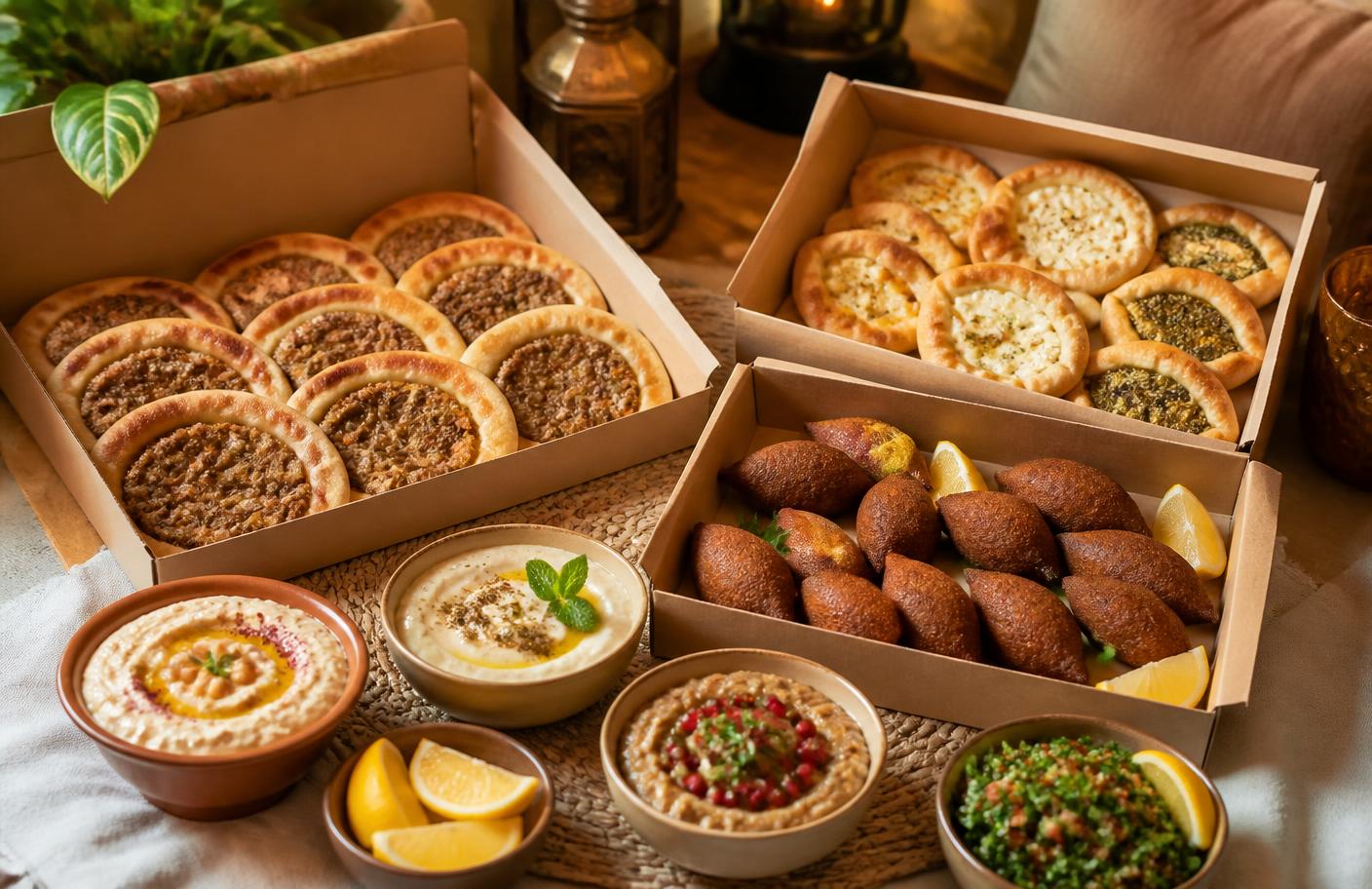 Caixas de delivery de comida árabe com esfihas, quibes e pastas árabes servidas em casa